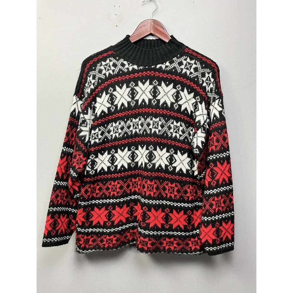 American Pride Sweater Womens Medium Red Black White Fair Isle Snowflake Mock